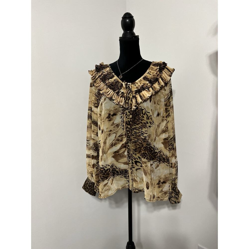 Simonton Says Women's Top Oversized Medium Leopard Print Ruffle V-neck Y2K
